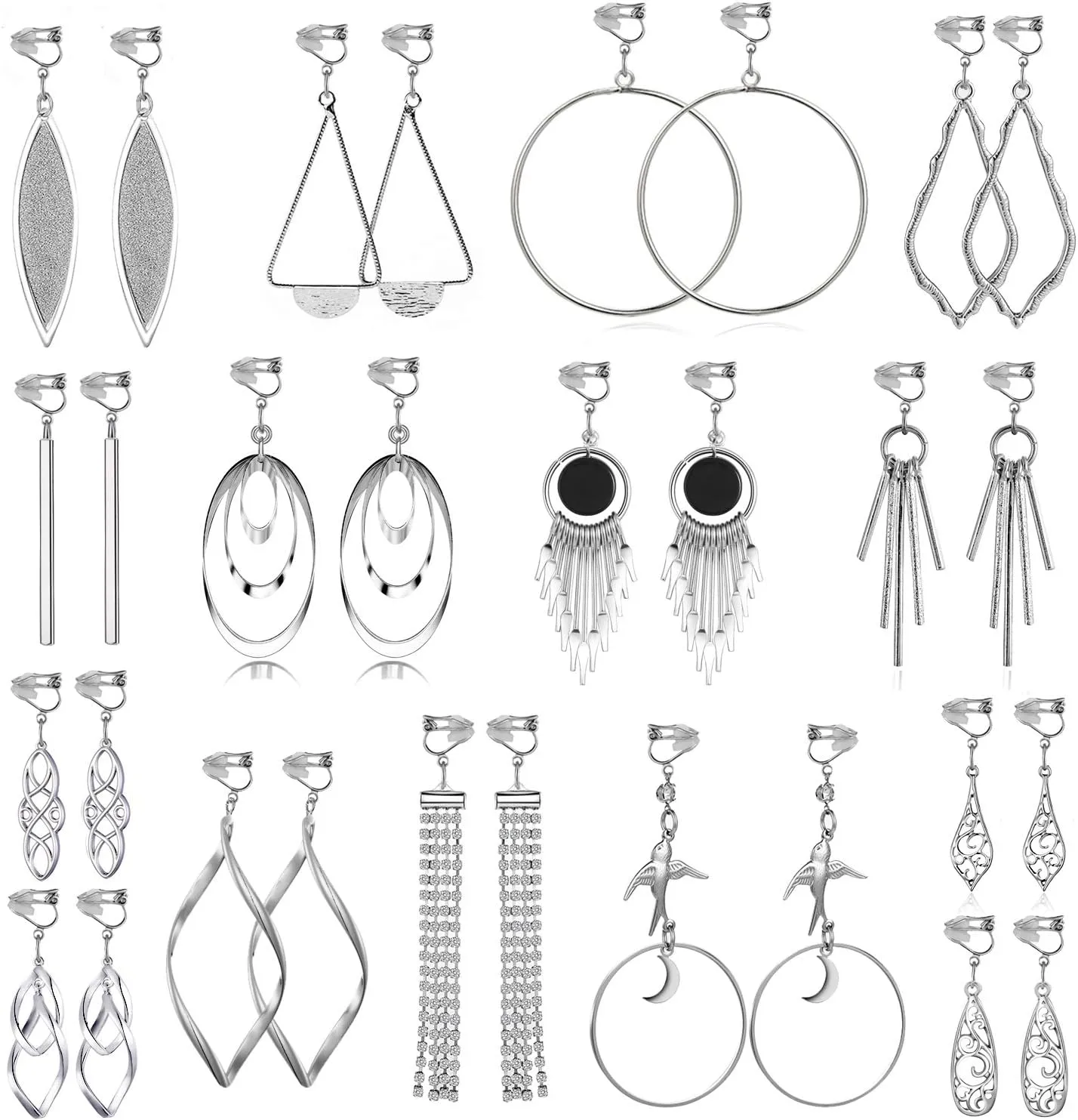 15 Pairs Wholesale Clip on Earrings for Women Trendy,Lightweight Clipon Earrings for Women in Silver Tone