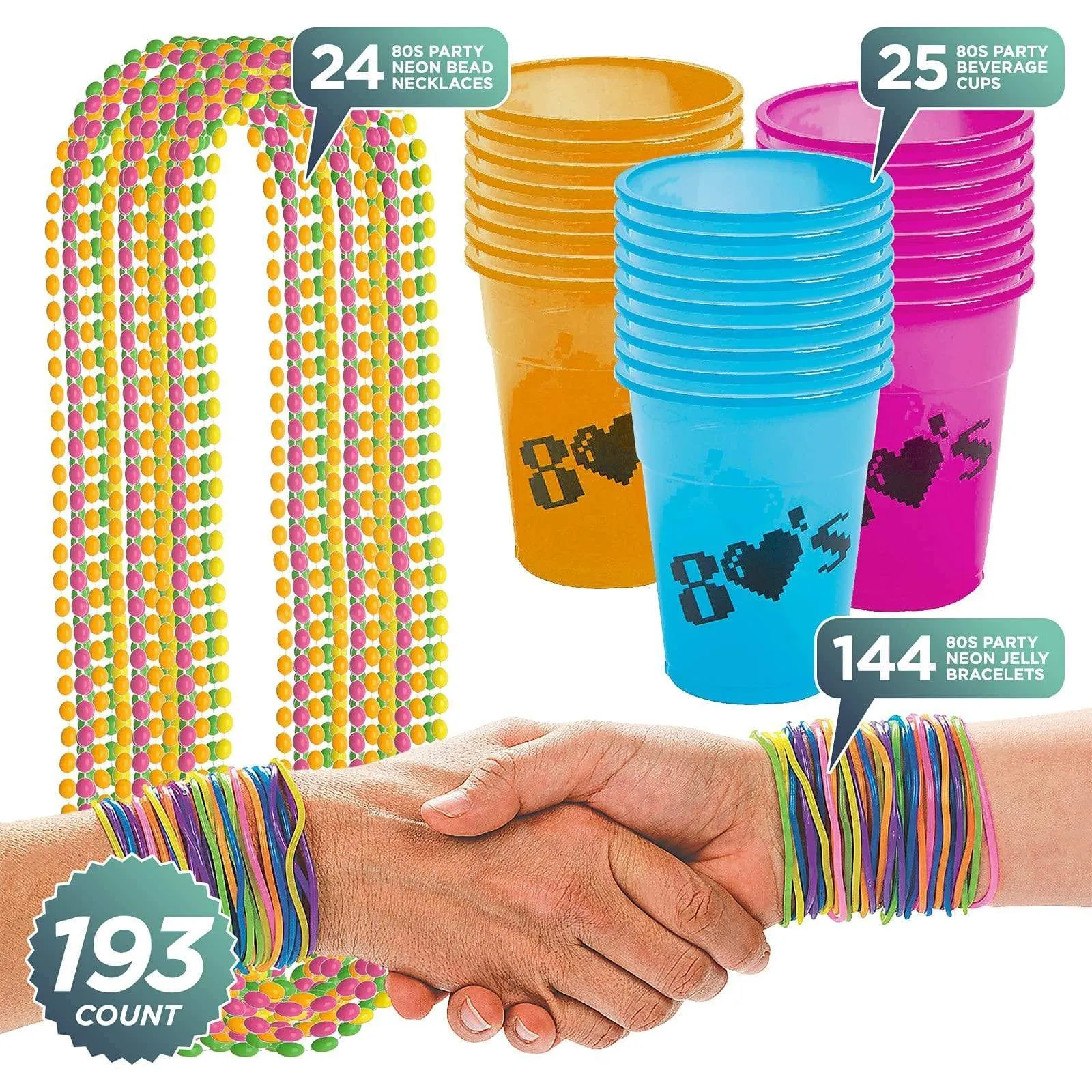 80's Party Favors - Plastic Beverage Cups, Neon Bead Necklaces, and Jelly Bracelets for 24 Guests