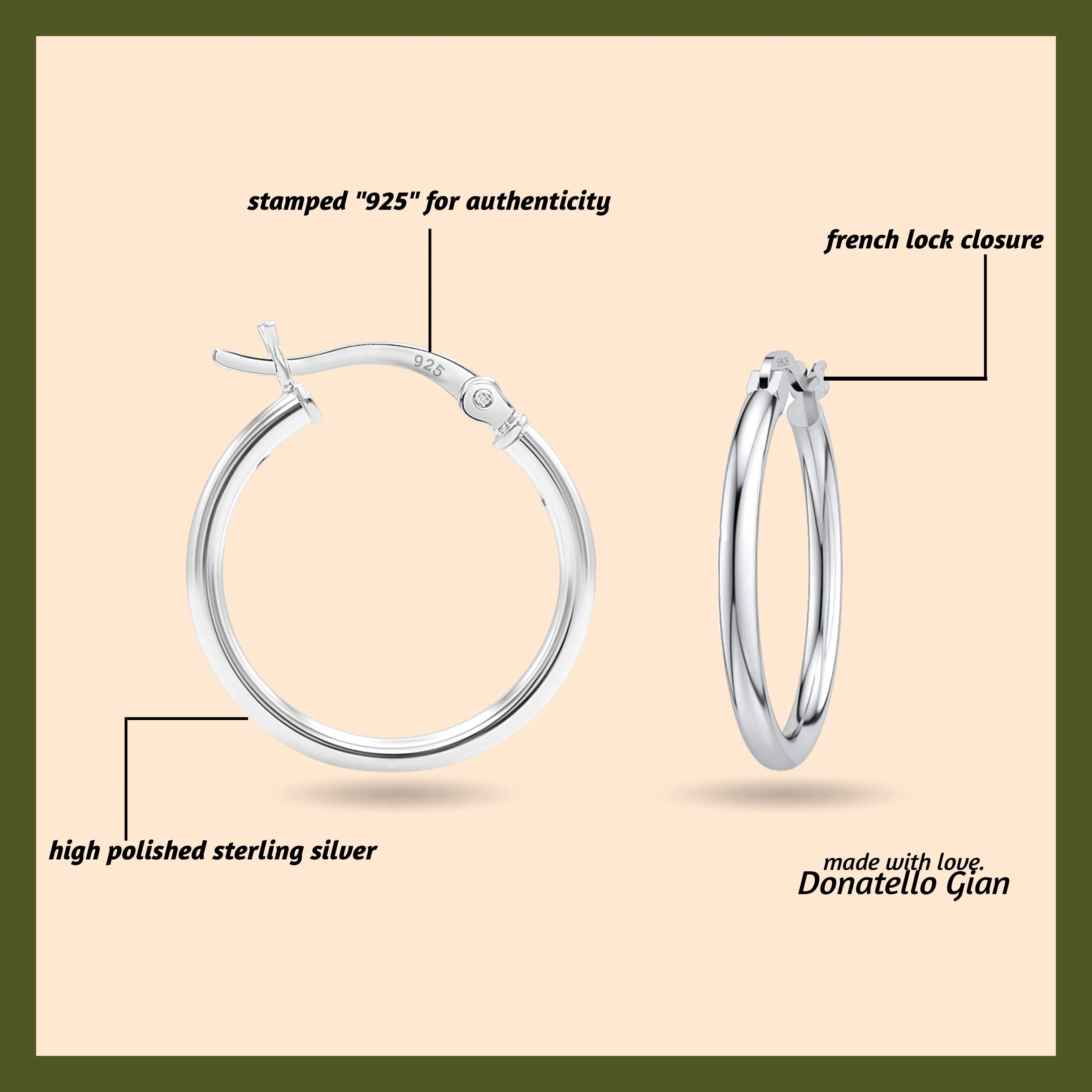 925 Sterling SilverClassic French Lock HoopEarrings, 15mm-20mm, Hypoallergenic, Perfect for Men Women and Girls