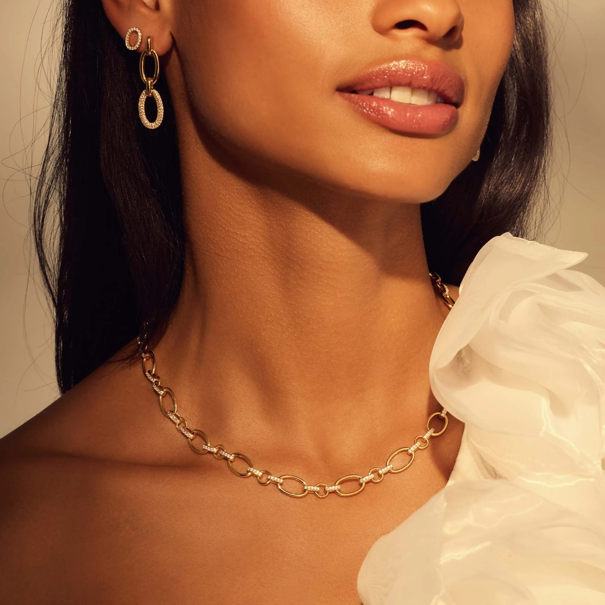 Bibbiena Poppi Clara 925 sterling silver gold plated link necklace with zirconia stones