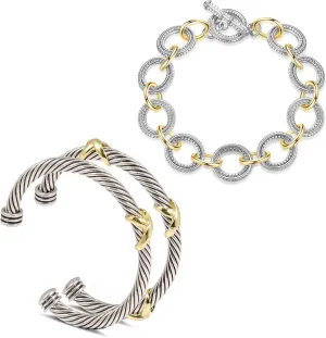 Cable Bracelets for Women - Twisted Cable Wire Bracelets, Two Tone Stackable Cuff Bangle Set