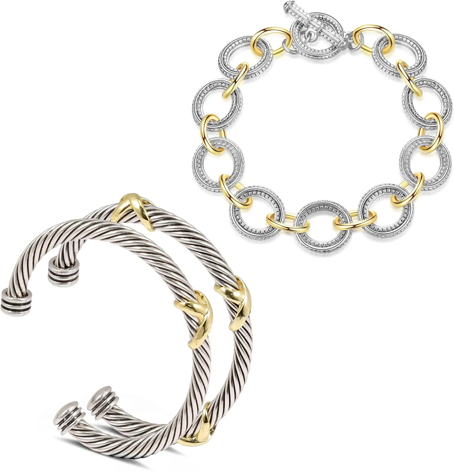Cable Bracelets for Women - Twisted Cable Wire Bracelets, Two Tone Stackable Cuff Bangle Set
