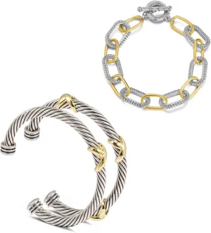 Cable Bracelets for Women - Two Tone Stackable Twisted Cuff Wire Bangle Set of 3
