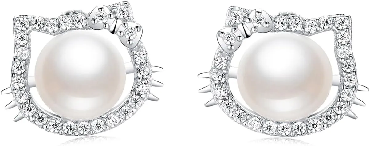 Cat Earrings for Women - 925 Sterling Silver Pearl earrings, Freshwater Pearl Zirconia Cute Kitty Cat Love Stud Earrings for Women and Girls - Birthday Gift