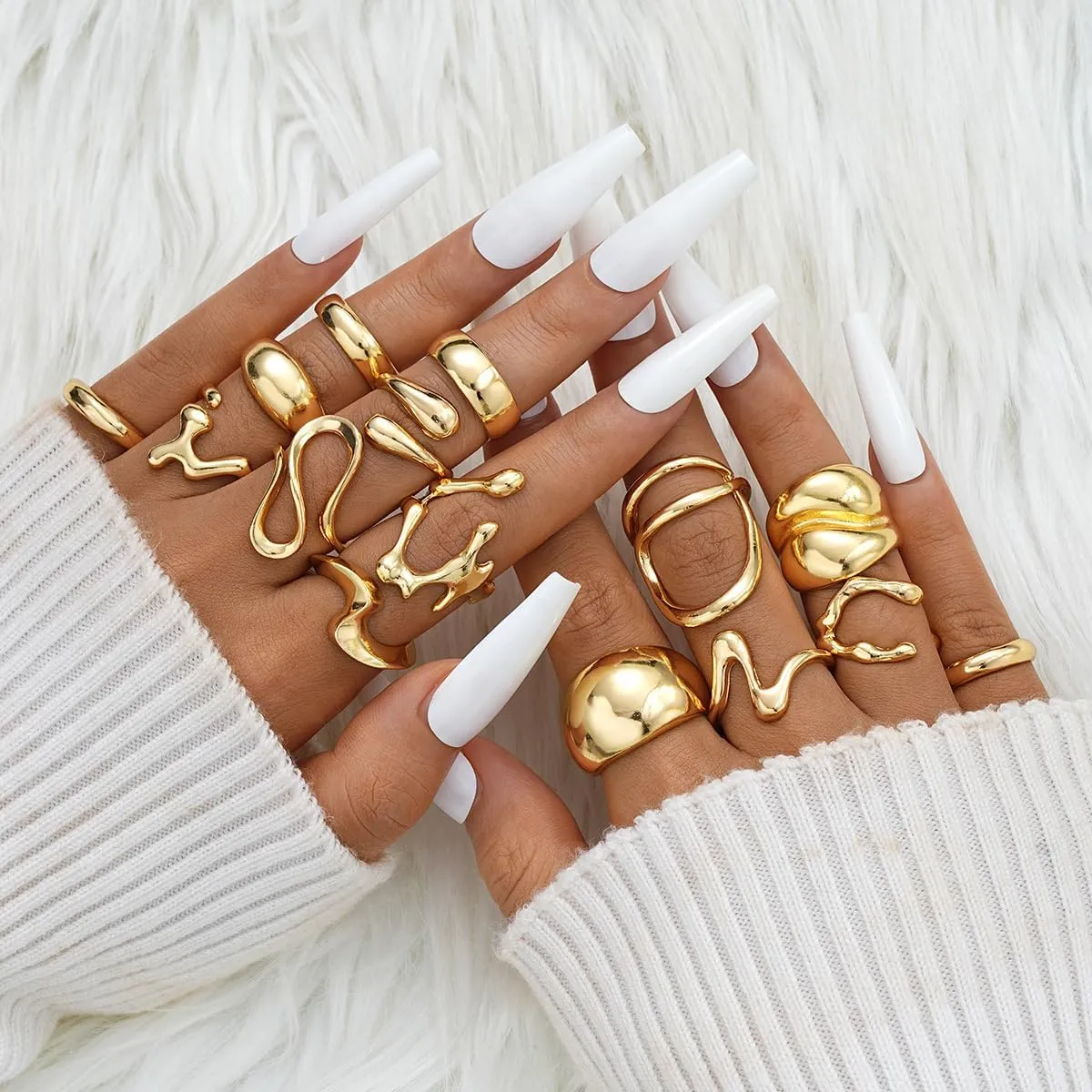 Chunky Gold Rings for Women 14K Gold Plated Stackable Knuckle Ring Set Adjustable Domed Gold Rings Statement Ring Set Pack