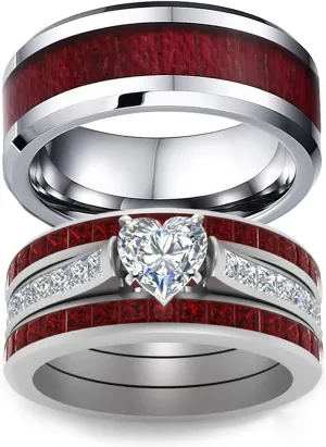 Couple Ring Bridal Set His Hers White Gold Plated White CZ Stainless Steel Wedding Ring Band Set