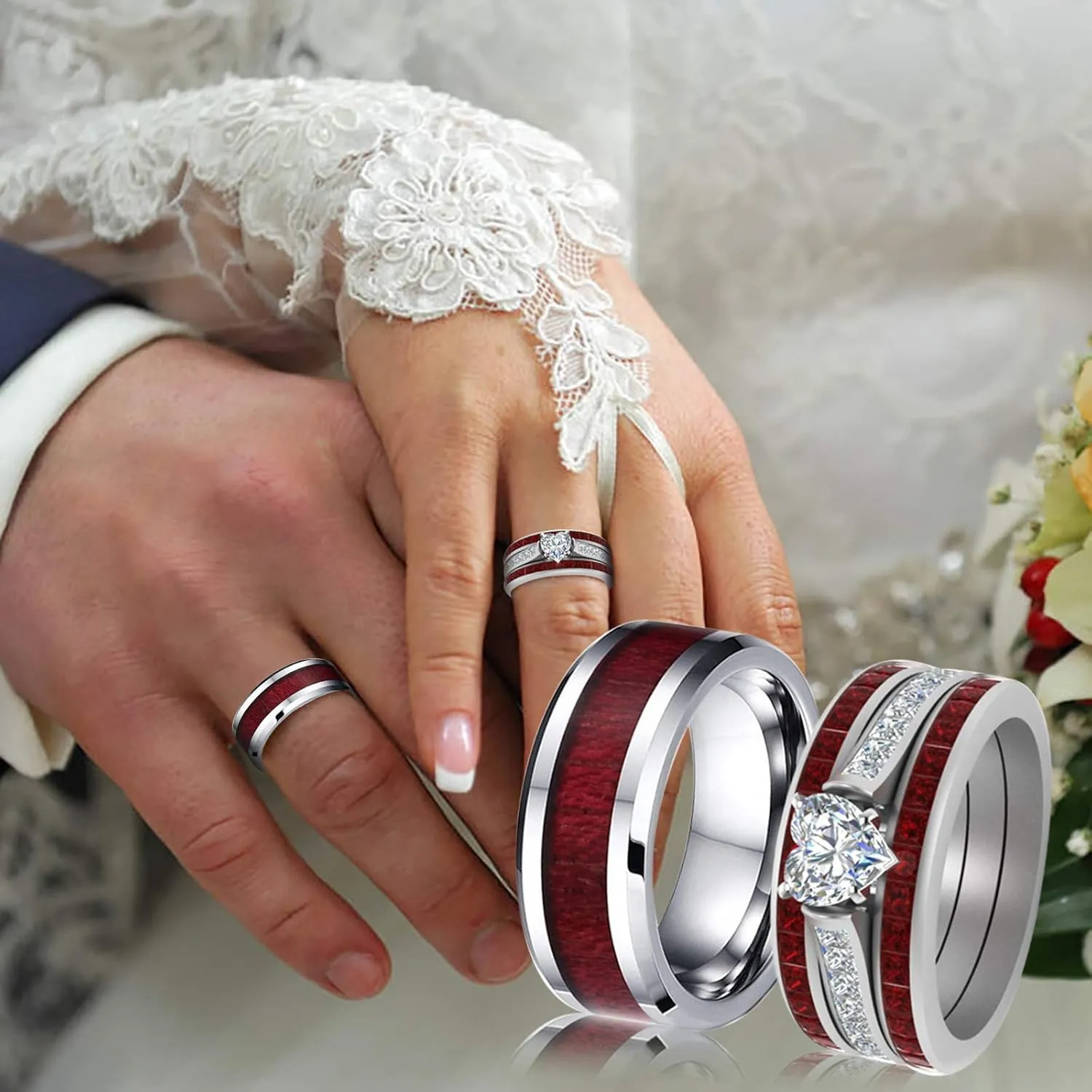 Couple Ring Bridal Set His Hers White Gold Plated White CZ Stainless Steel Wedding Ring Band Set