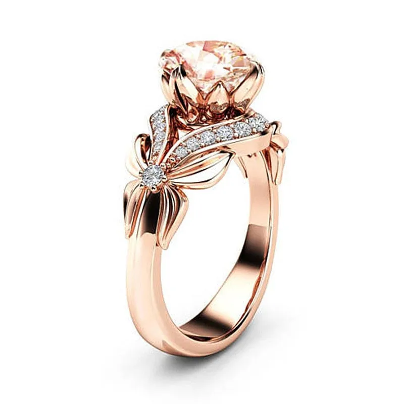 Engagement Jewelry Luxury Rose Gold Flower Cubic Zircon Solitaire Ring