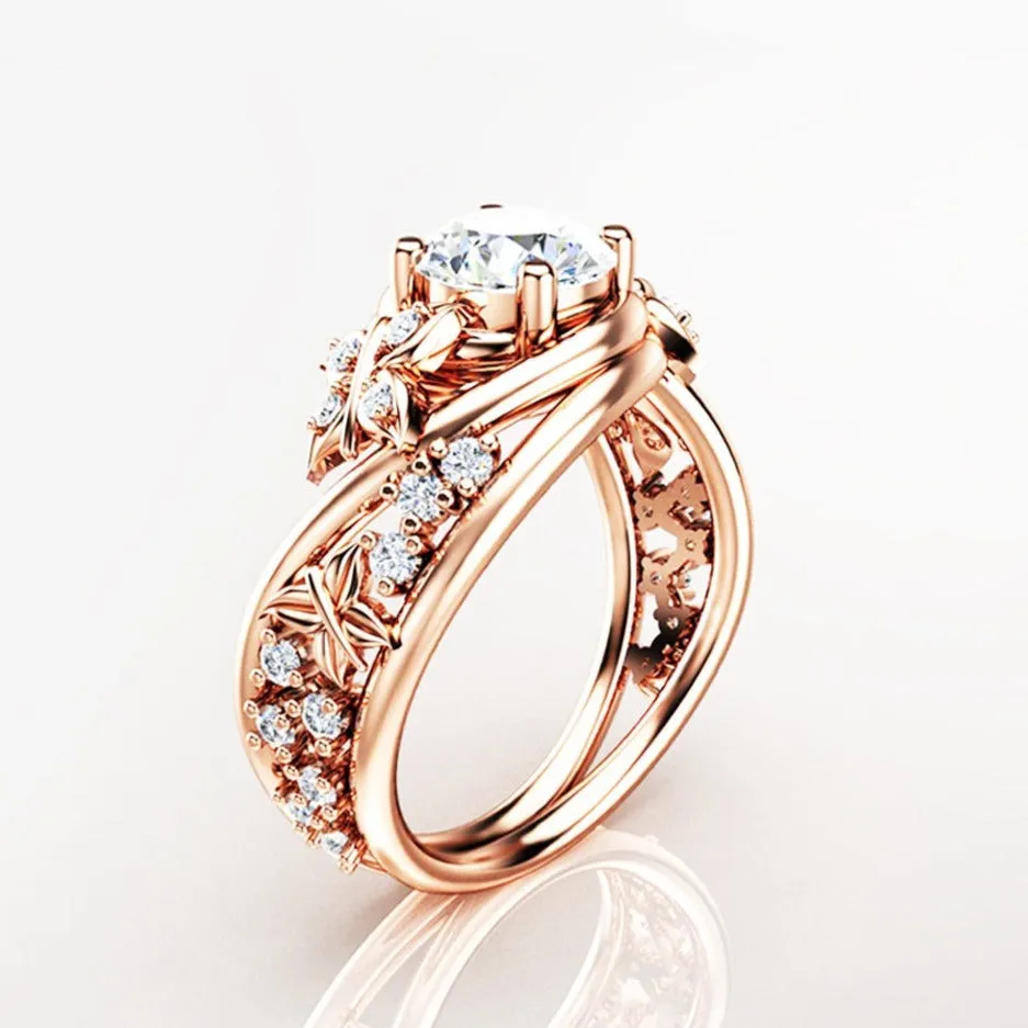 Engagement Jewelry Luxury Rose Gold Flower Cubic Zircon Solitaire Ring