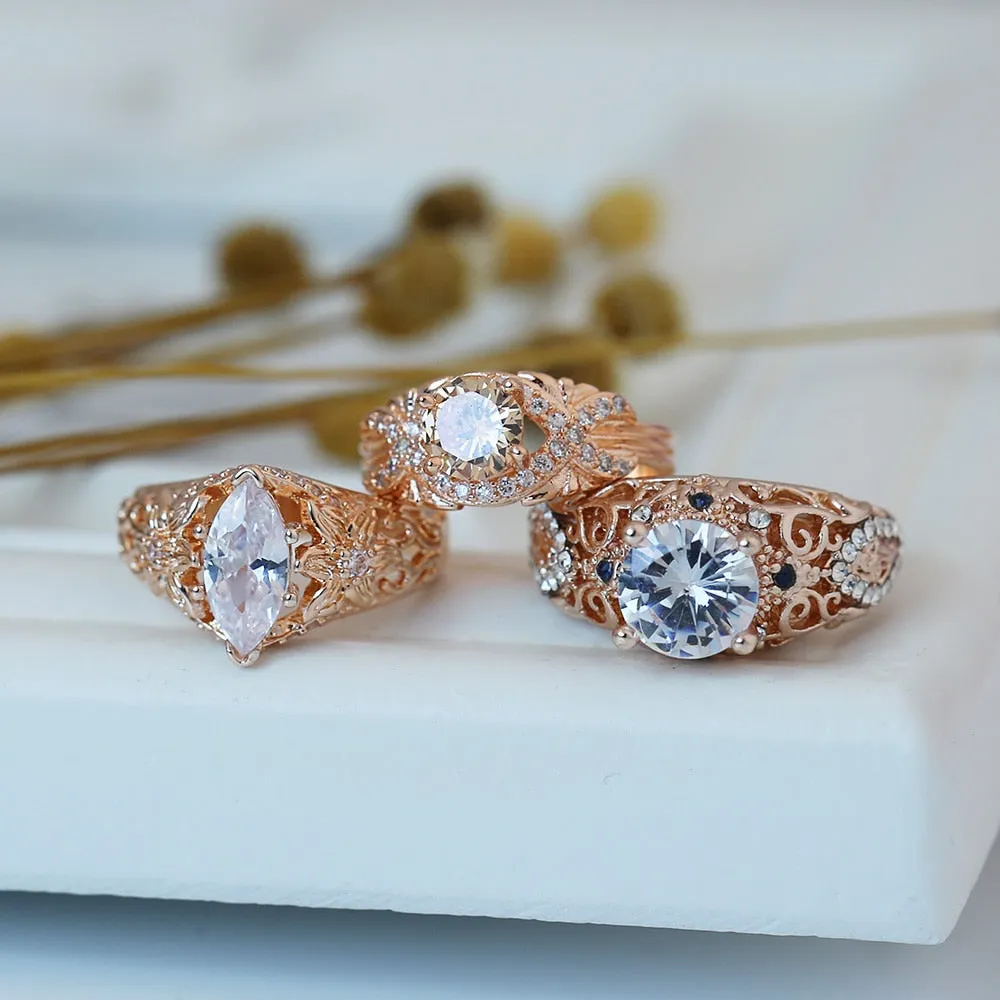Engagement Jewelry Luxury Rose Gold Flower Cubic Zircon Solitaire Ring