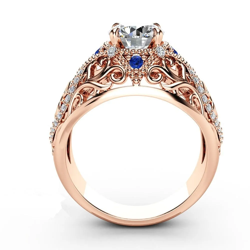 Engagement Jewelry Luxury Rose Gold Flower Cubic Zircon Solitaire Ring