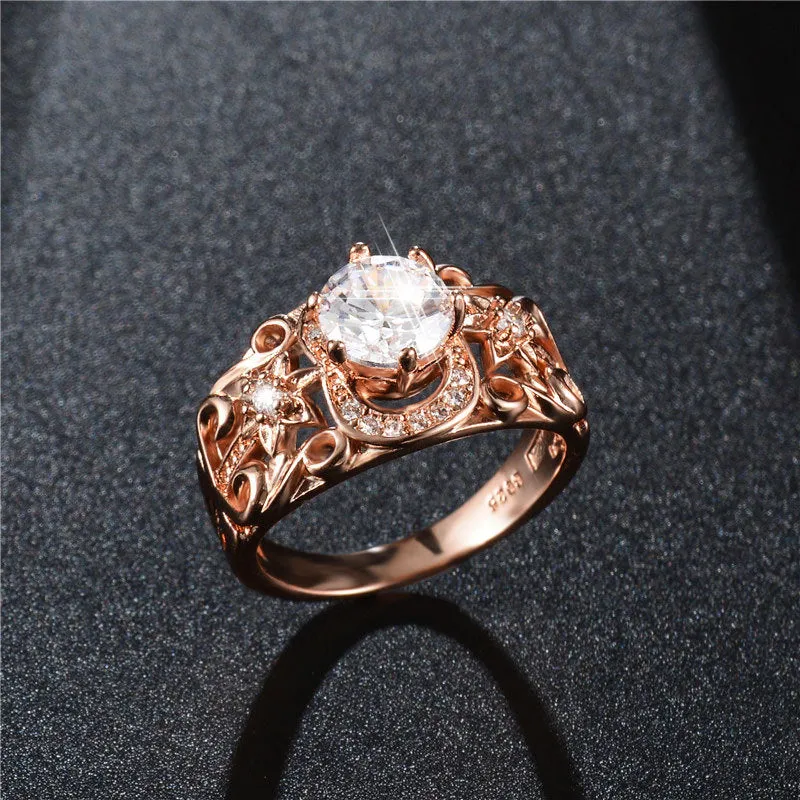 Engagement Jewelry Luxury Rose Gold Flower Cubic Zircon Solitaire Ring