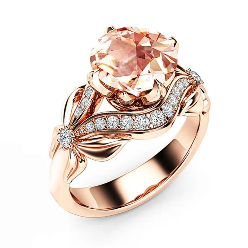 Engagement Jewelry Luxury Rose Gold Flower Cubic Zircon Solitaire Ring