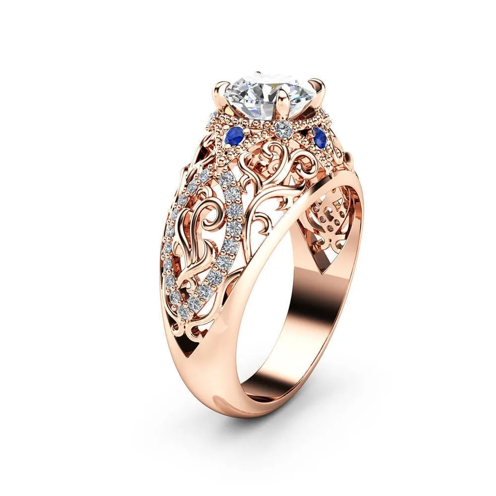 Engagement Jewelry Luxury Rose Gold Flower Cubic Zircon Solitaire Ring
