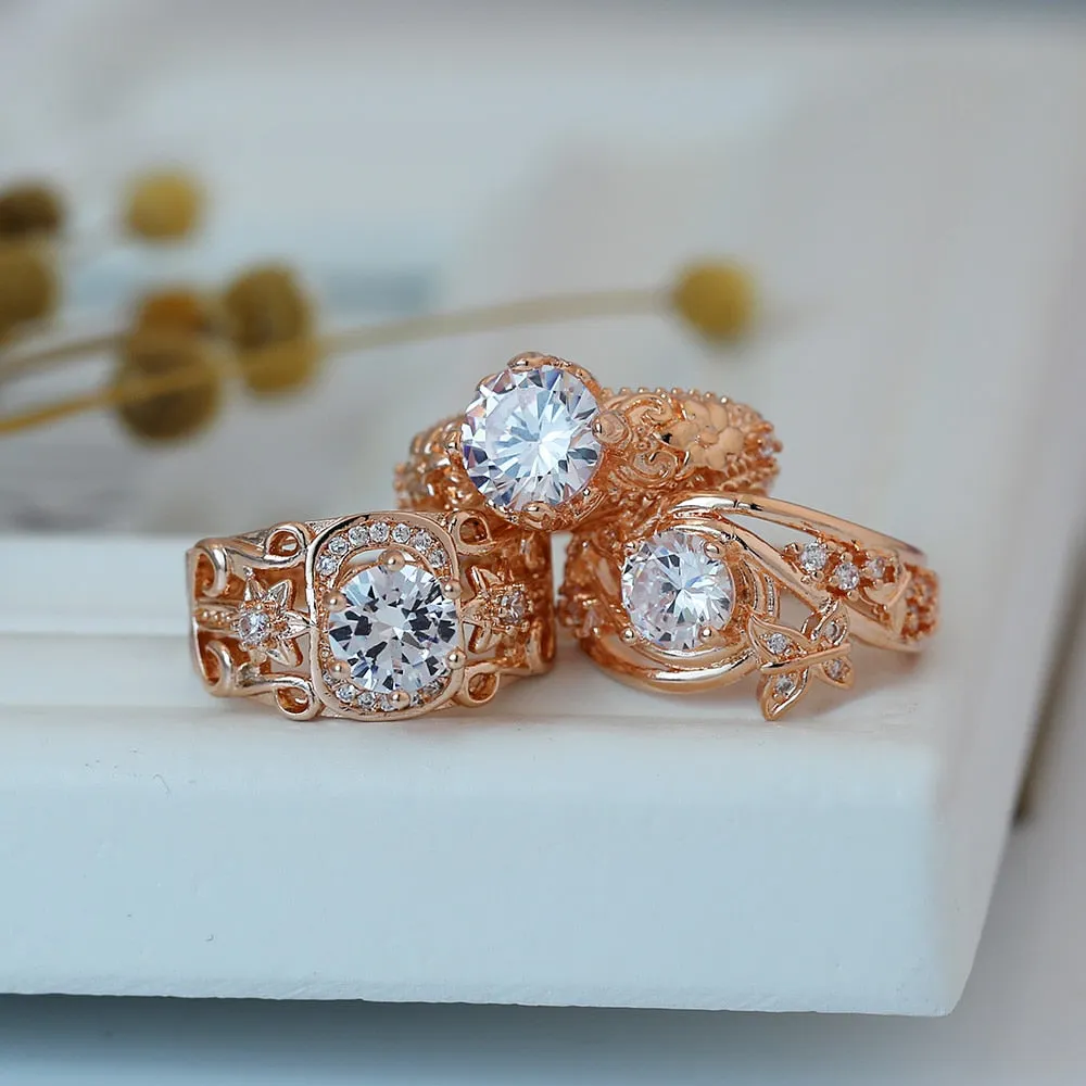 Engagement Jewelry Luxury Rose Gold Flower Cubic Zircon Solitaire Ring