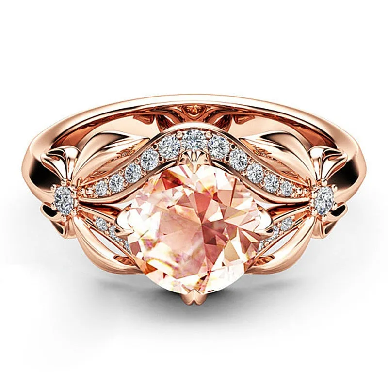 Engagement Jewelry Luxury Rose Gold Flower Cubic Zircon Solitaire Ring