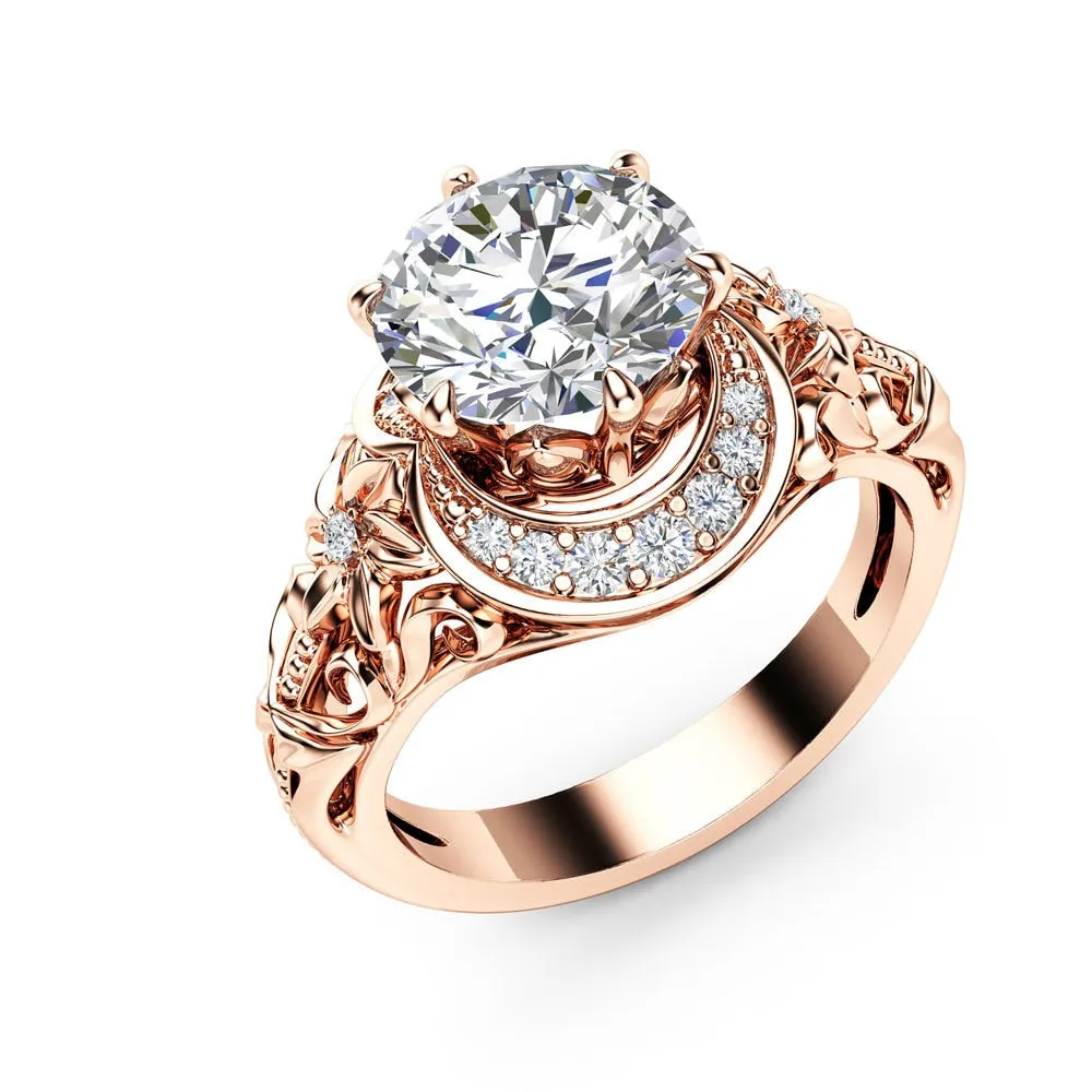 Engagement Jewelry Luxury Rose Gold Flower Cubic Zircon Solitaire Ring