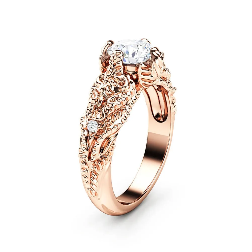 Engagement Jewelry Luxury Rose Gold Flower Cubic Zircon Solitaire Ring