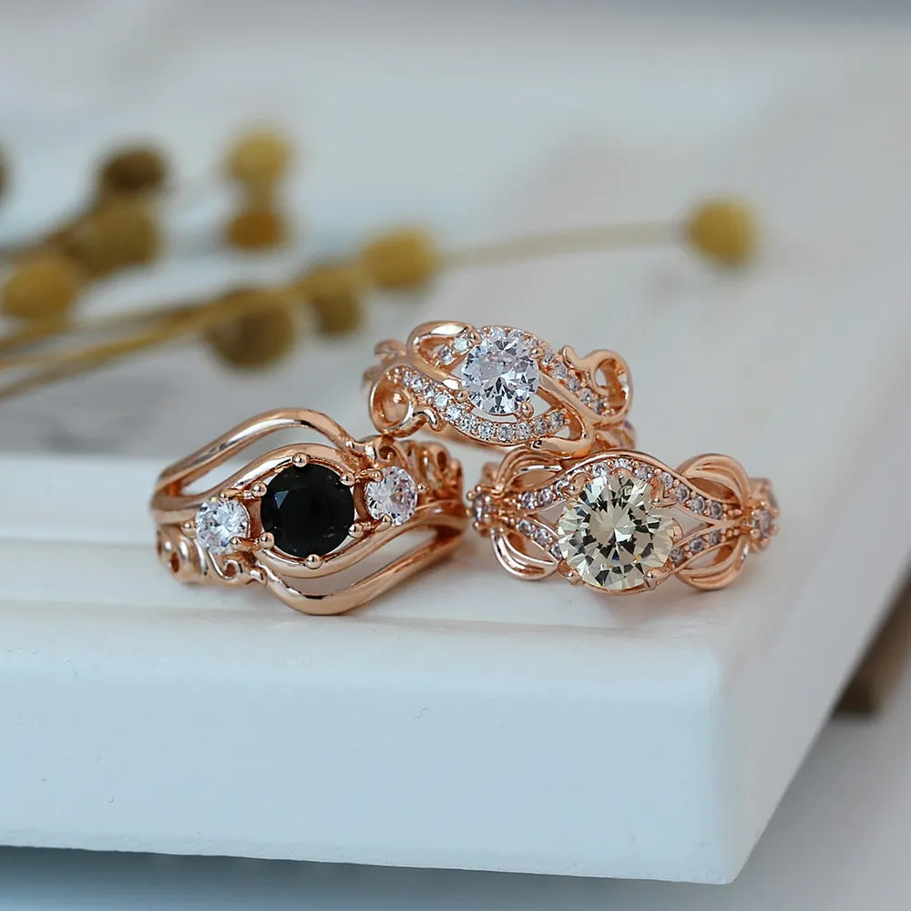Engagement Jewelry Luxury Rose Gold Flower Cubic Zircon Solitaire Ring
