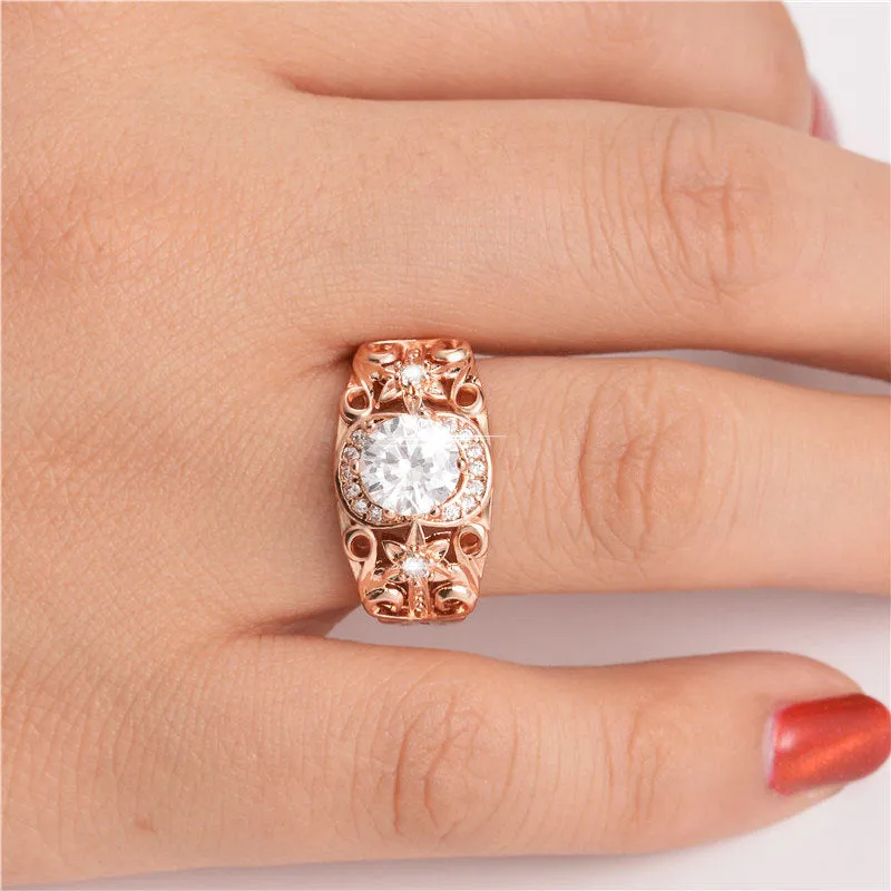 Engagement Jewelry Luxury Rose Gold Flower Cubic Zircon Solitaire Ring