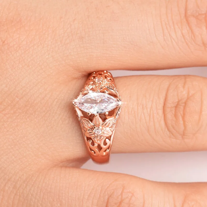 Engagement Jewelry Luxury Rose Gold Flower Cubic Zircon Solitaire Ring