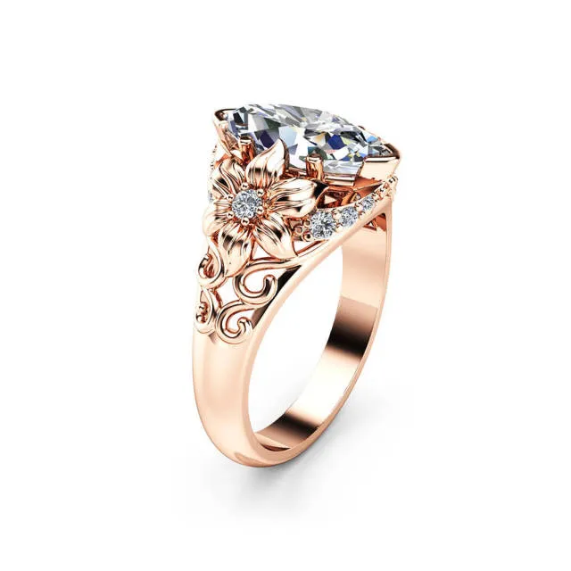 Engagement Jewelry Luxury Rose Gold Flower Cubic Zircon Solitaire Ring