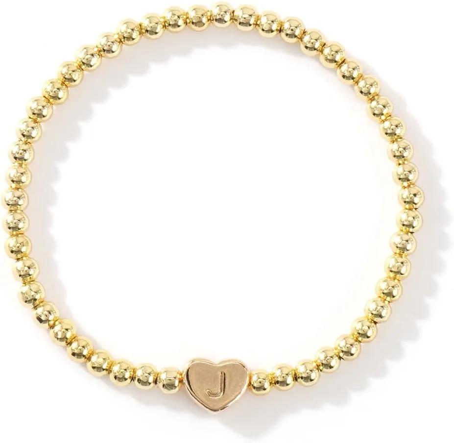 Gold 14K Heart Beaded Charm Initial Bracelets for Women,Enewton Cute Handmade Stretch Beads Ball Trendy Jewelry Summer Prom Holiday Gifts