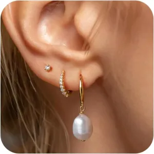 Gold Earrings for Women, 14k Gold Plated Earring Stack Hypoallergenic Pearl Drop Earring Dainty Gold Earrings for Women Trendy Cute Small Huggie Hoop Earring Fashion Womens Jewelry