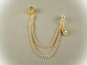 Gold Tone Dangle Post Stud Skull Earring Ear Cuff 4" Long Chain Lightweight
