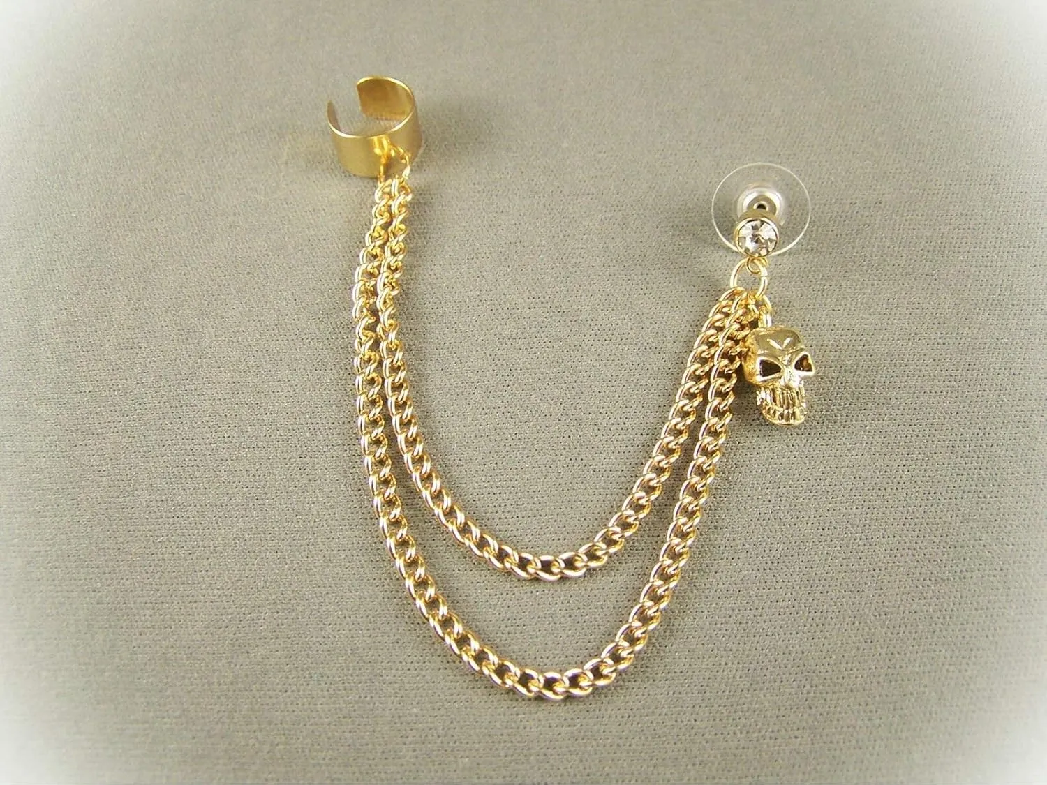 Gold Tone Dangle Post Stud Skull Earring Ear Cuff 4" Long Chain Lightweight