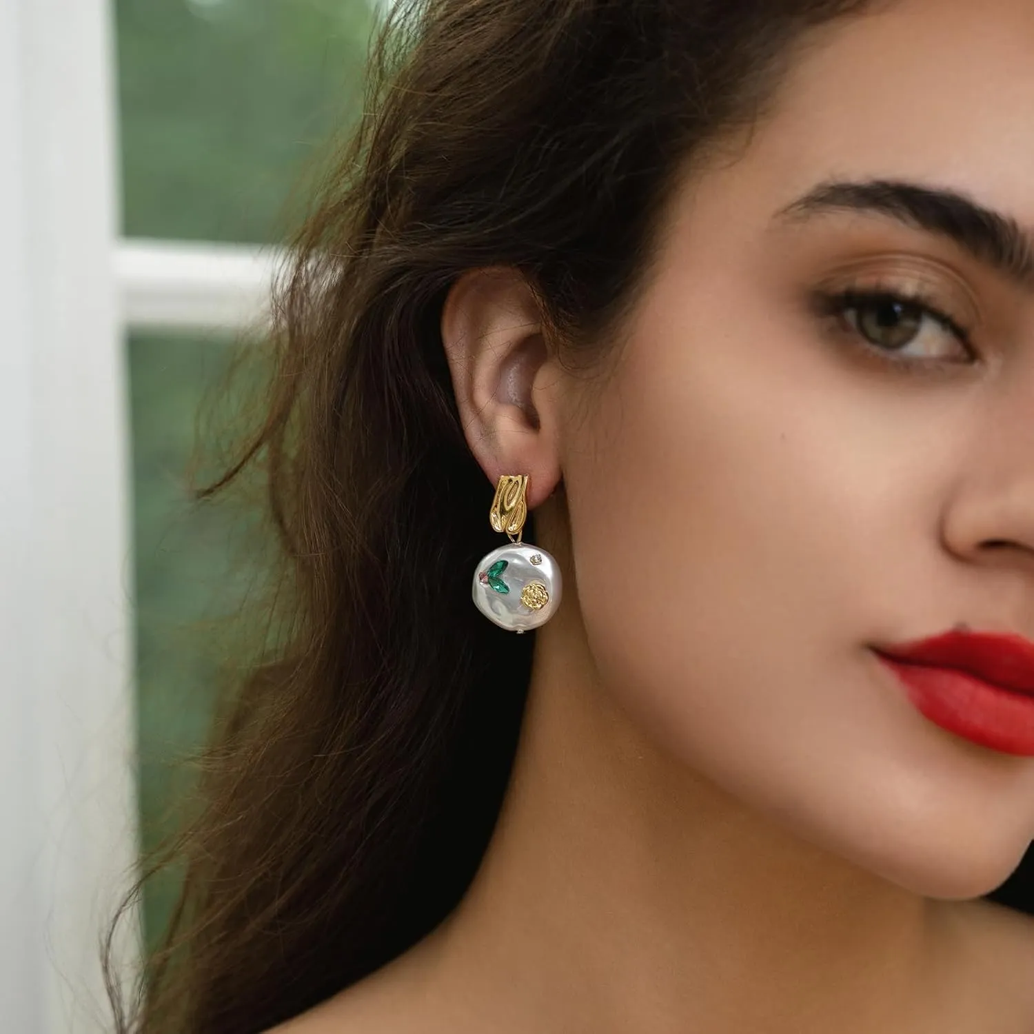 Gold Vintage Earrings for Women 14K Gold Plated Emerald Pearl Earrings Wedding Earrings for Brides Boho Statement Bridal Earrings Jewelry Mothers Day Gifts Trendy Stuff