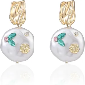 Gold Vintage Earrings for Women 14K Gold Plated Emerald Pearl Earrings Wedding Earrings for Brides Boho Statement Bridal Earrings Jewelry Mothers Day Gifts Trendy Stuff