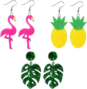Hicarer 3 Pairs Hawaii 80s 90s Neon Earrings for Women Summer Flamingo Pineapple Palm Tree Earrings Retro Pendant Acrylic Drop Dangle for 80's Outfit Glow Party Accessories
