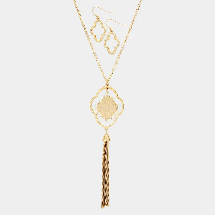iLLASPARKZ Filigree Metal Quatrefoil Tassel Long Necklace