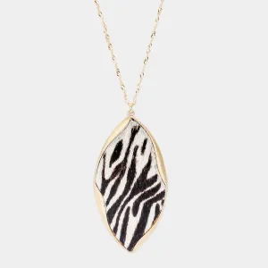 iLLASPARKZ Genuine Leather Zebra Accented Leaf Pendant Long Necklace