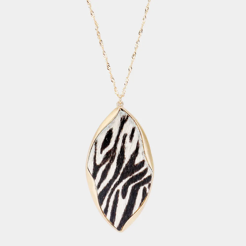 iLLASPARKZ Genuine Leather Zebra Accented Leaf Pendant Long Necklace