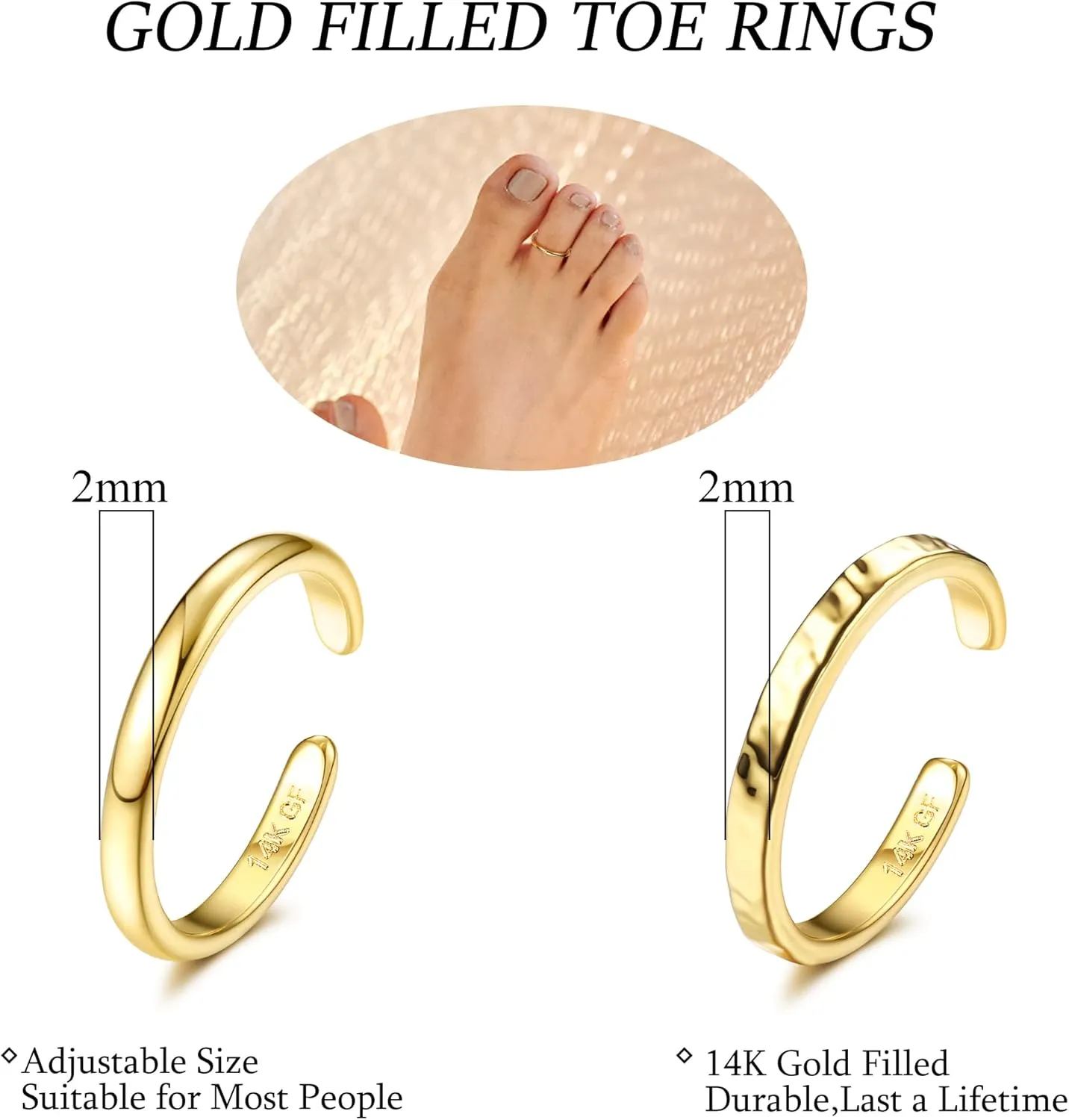 IRONBOX 14K Gold Filled Toe Rings for Women Simple Open Band Toe Ring Adjustable Toe Rings
