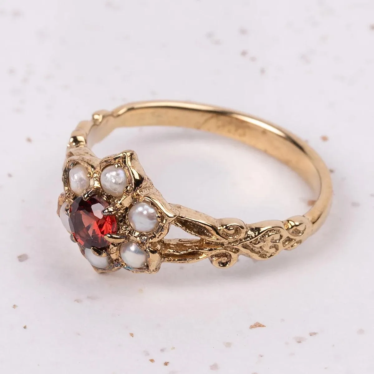 Jane Austen Regency Ring with Garnet and Pearl Flower