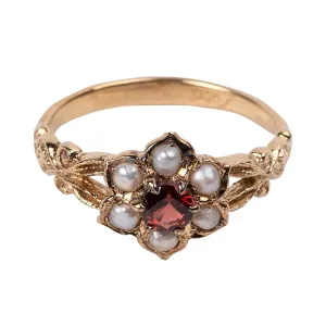 Jane Austen Regency Ring with Garnet and Pearl Flower