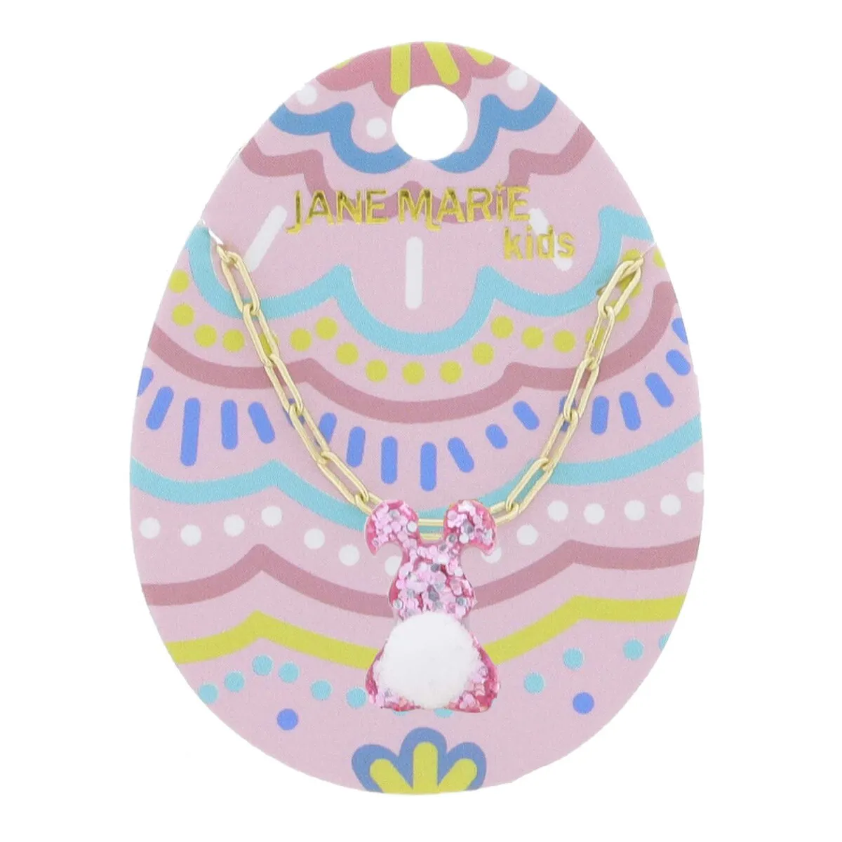 Jane Marie Kids 14" Pink Glitter Resin Bunny with Mini White Pom Tail Necklace, 3" Ext.