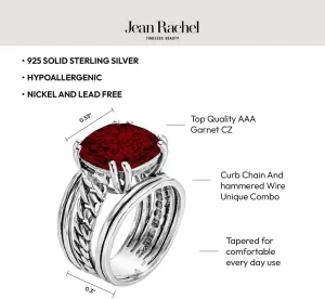 JEAN RACHEL JEWELRY 925 Sterling Silver Ring - Curb Chain Vintage Design with Cushion Shaped Cubic Zirconia - Hypoallergenic, Lead & Nickel Free - Artisan Handcrafted Statement Rings for Women