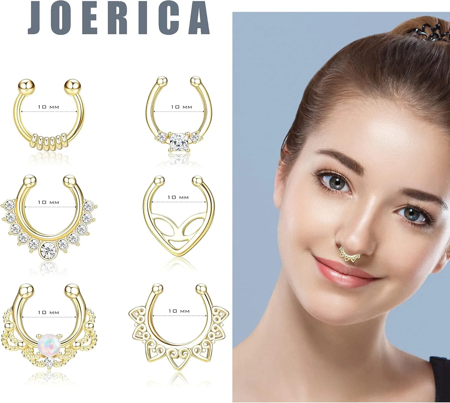 JOERICA Faux Septum Rings for Women Men Fake Nose Rings Hoop Clip On Lip Ear Nose Septum Hanger Jewelry Non-Pierced