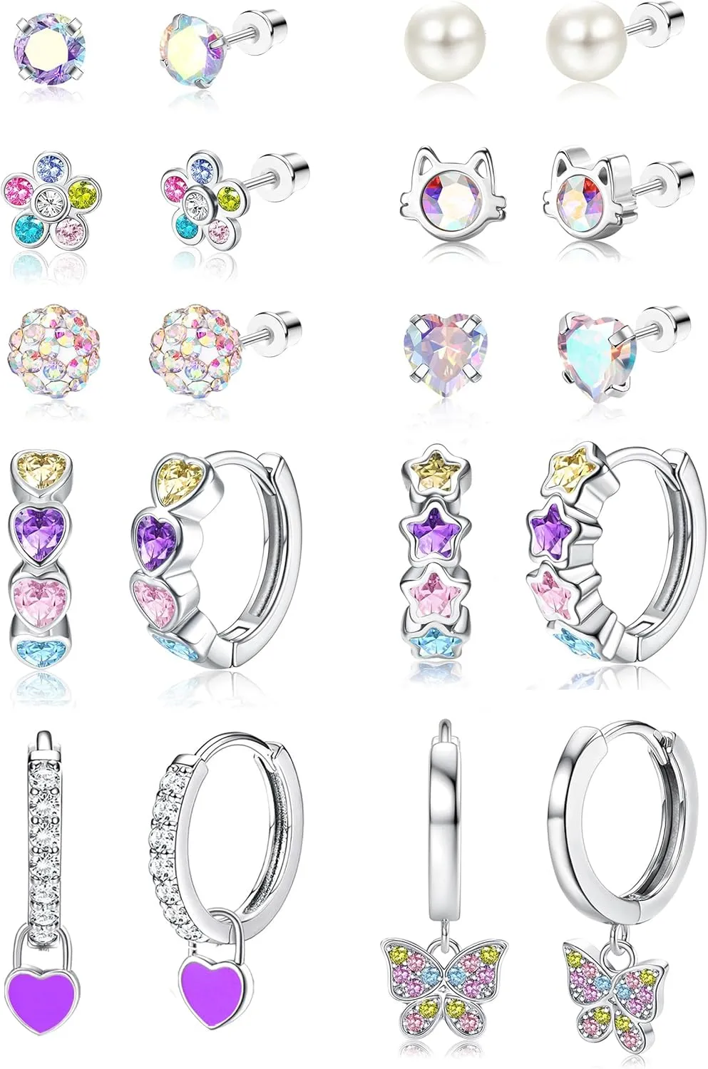 Jstyle Hypoallergenic Earrings for Girls Women Surgical Stainlee Steel Earrings for Sensitive Ears Screw Back Earrings Set Cute Hoop Earrings for Girls Kids Earrings Toddler Earrings Jewelry for Teen Girls