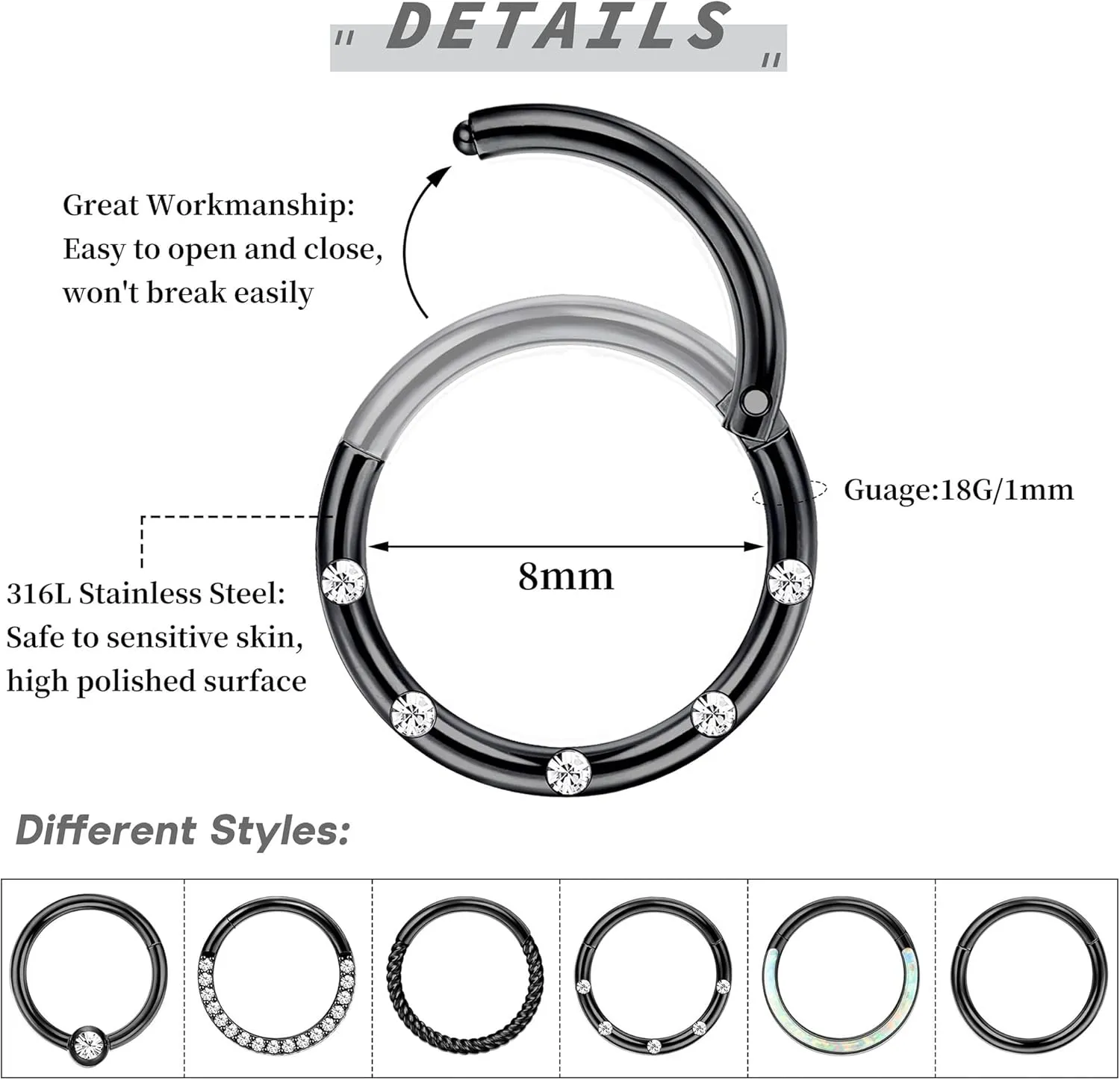 LOLIAS Septum Rings 16G 18G Surgical Steel Nose Rings Hoops for Women Seamless Clicker Hinged Segment Hoop Lip Nose Rings Conch Lip Helix Cartilage Earring Septum Jewelry Lip Nose Daith Hlix Piercing Jewelry 8MM 10MM 12MM