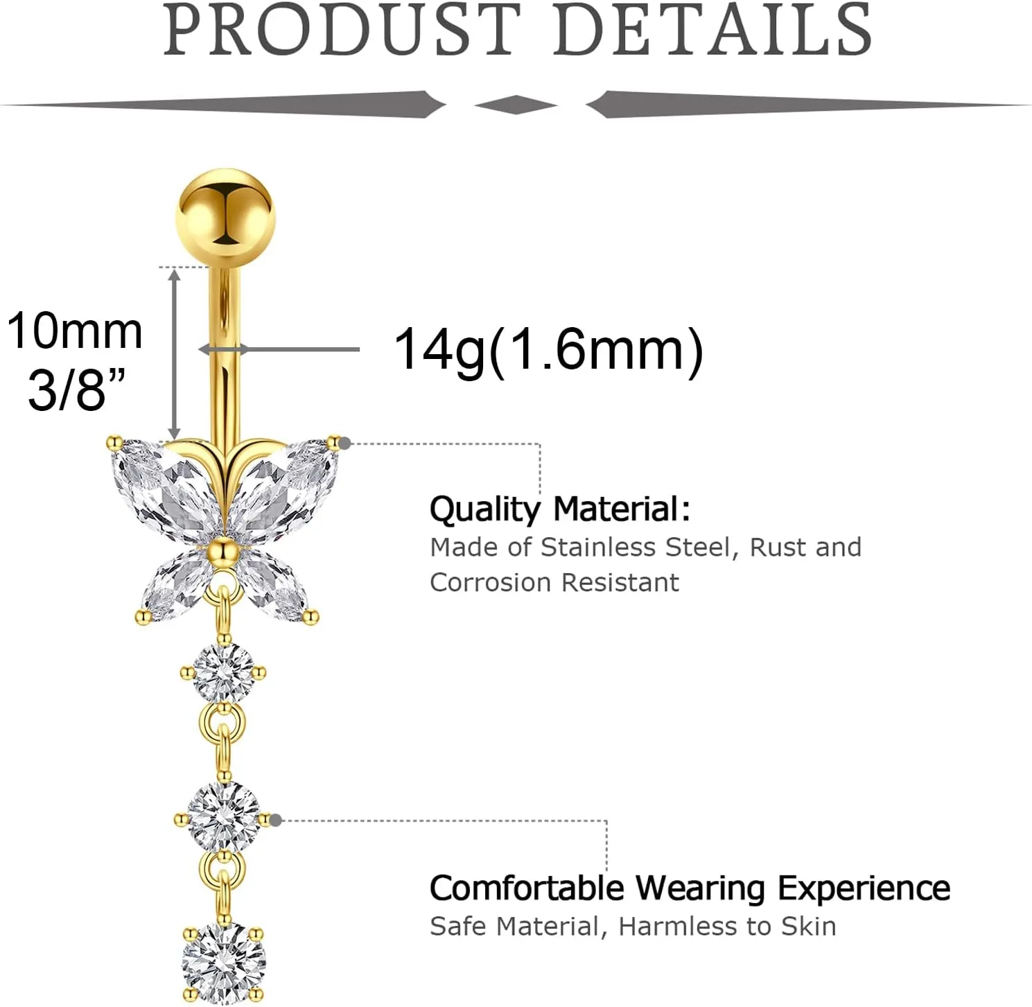 Longita Belly Button Ring Dangle Belly Button Rings Dangling Belly Button Rings Clicker Belly Button Ring Surgical Steel Rose Gold Belly Rings Belly Piercing Jewelry Navel Rings for Women