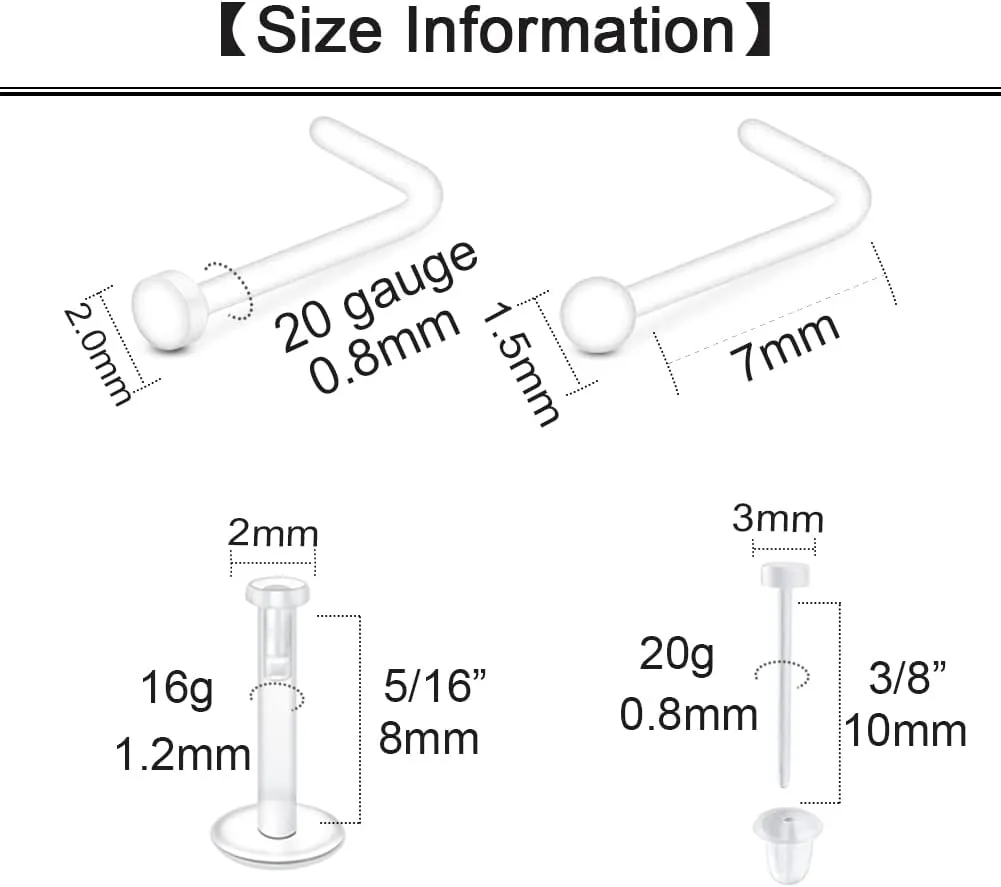 Longita Clear Nose Studs Clear Nose Rings for Work Clear Nose Piercing Plastics Nose Retainer for Surgery Nose Ring Spacers Nose Rings Retainer Septum Retainer Clear Lip Rings Plastic Earrings Studs