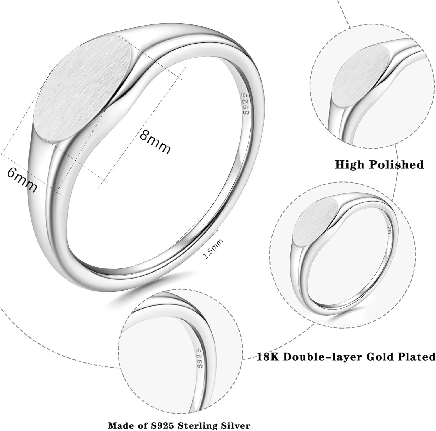 MILACOLATO 925 Sterling Silver Rings for Women 18K White Gold Plated Dome Oval Plain Signet Rings Tarnish Resistant Stackable Statement Band Thumb Rings Comfort Fit Size 5-10