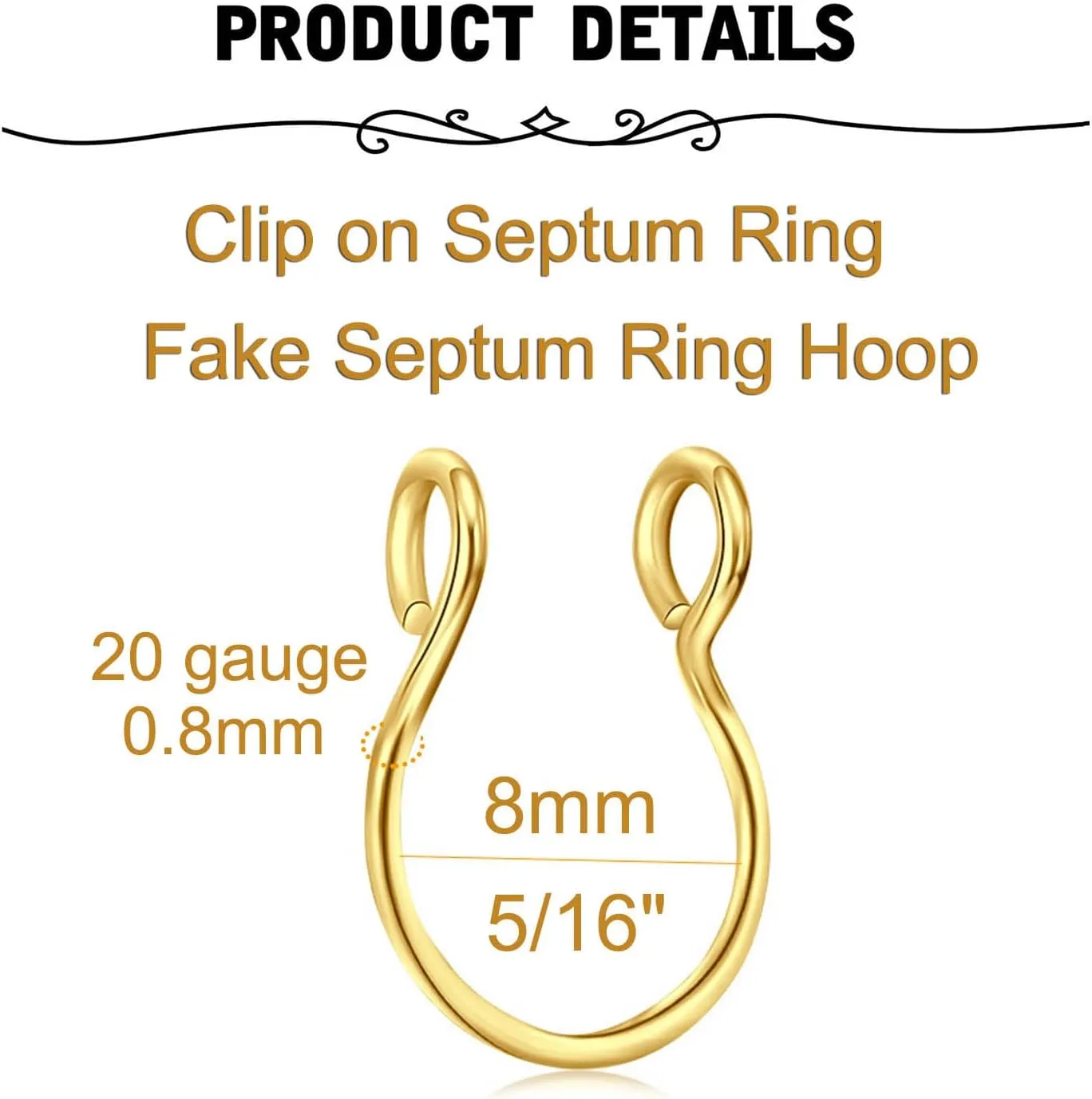 MODRSA Faux Septum Nose Rings - Clip on Septum Ring, Non Piercing Fake Nose Jewelry - Silver, Gold, Black