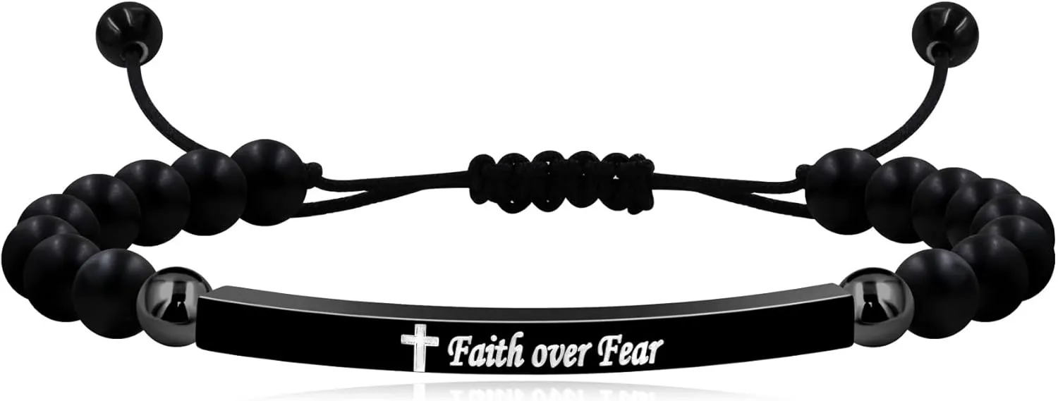 Natural Stone Beaded AdjustableBracelets Engraved Faith Over Fear and Cross | Religious Jewelry for Women and Men | Inspirational Stainless Steel Prayer Bracelet | SJY4267