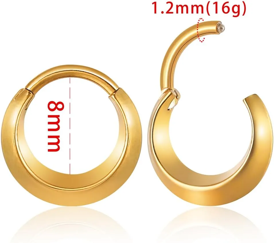 Nose Rings Hoops 16G: 316L Stainless Steel Septum Rings Hoops Gold, Hinged Segment Nose Lips Helix Cartilage Clicker Hoop Earrings Piercing Rings for Women Men 8mm
